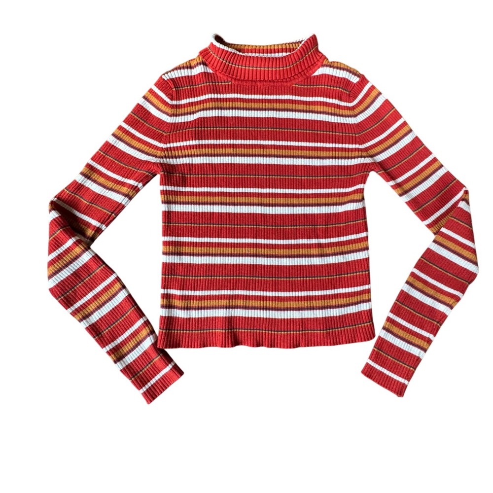 Pink Republic Striped Mock Neck Ribbed Long Sleeve Cropped Sweater Top Size M